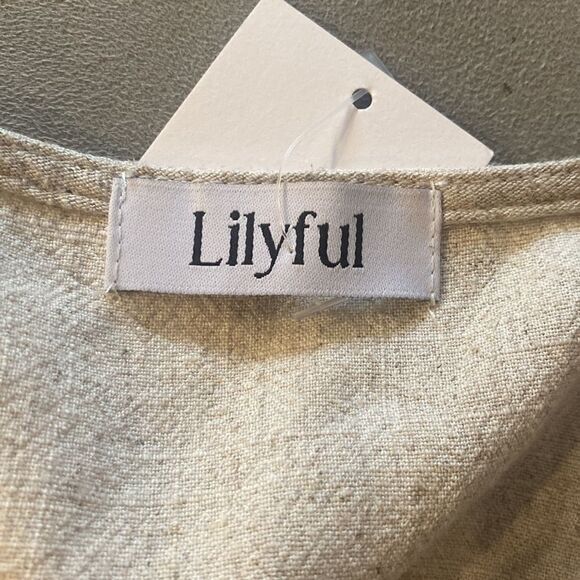 LILYFUL sz L linen rayon blend crop top ruffled sleeves wrap tie NWT beige - Picture 6 of 7